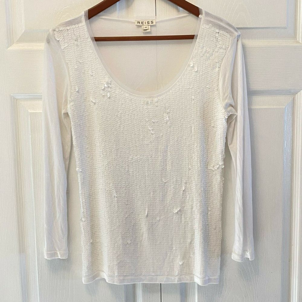 Reiss White Sequined Long Sleeve‎ Scoop Neck top Women's Size XS